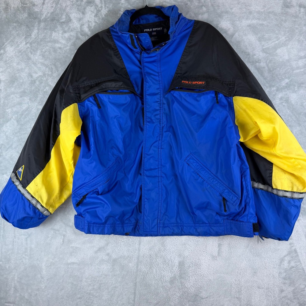 POLO SPORT RALPH LAUREN Vintage 90s Mens XL Blue Yellow Puffer Jacket DAMAGE